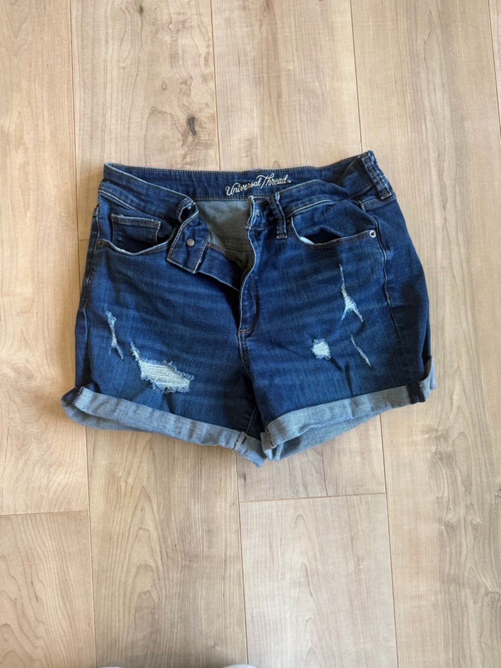 Universal Thread Indigo Distressed Rolled Hem Jean Shorts